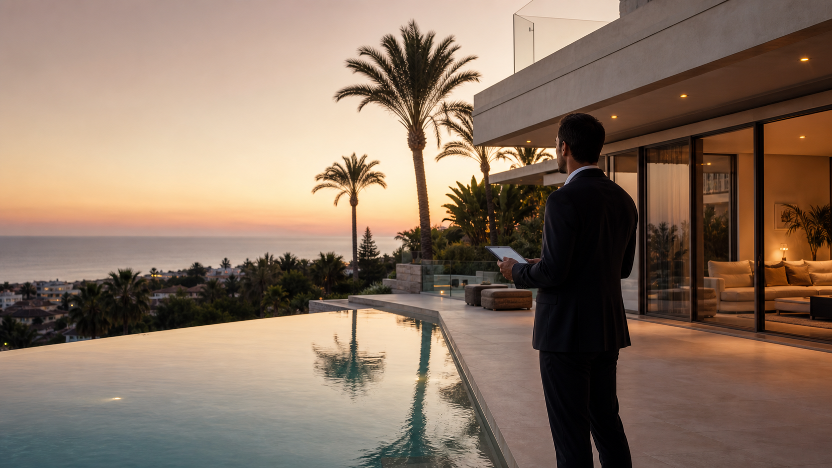 DaGo property manager inspecting a luxury Marbella villa terrace at sunset