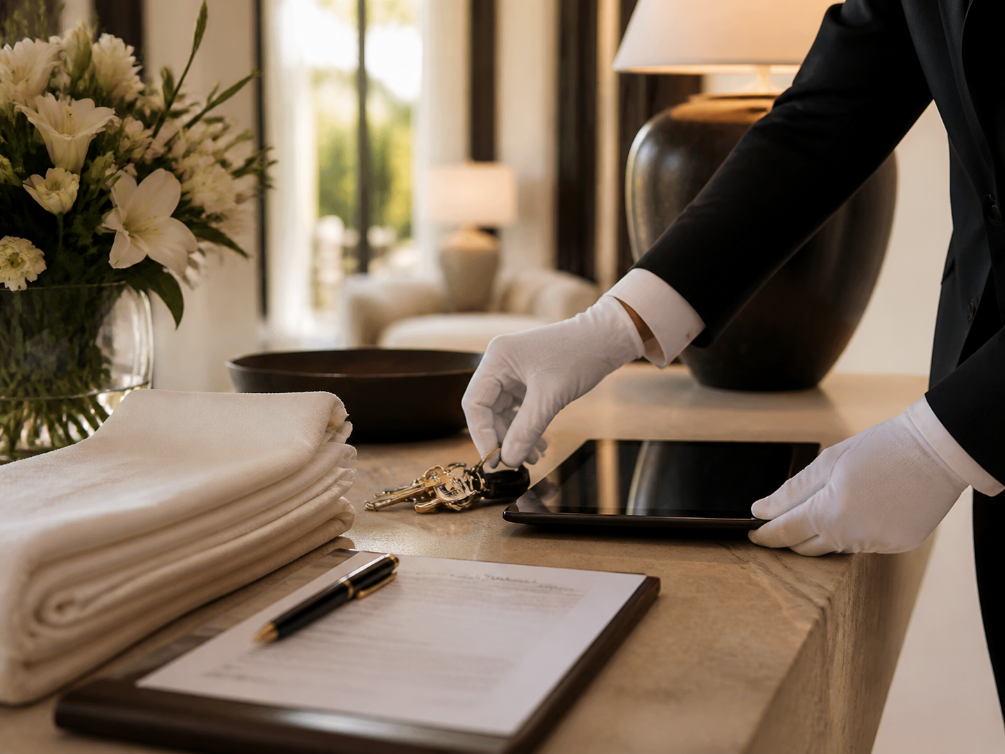 White-gloved property service professional preparing keys, linen and a tablet checklist in a luxury villa