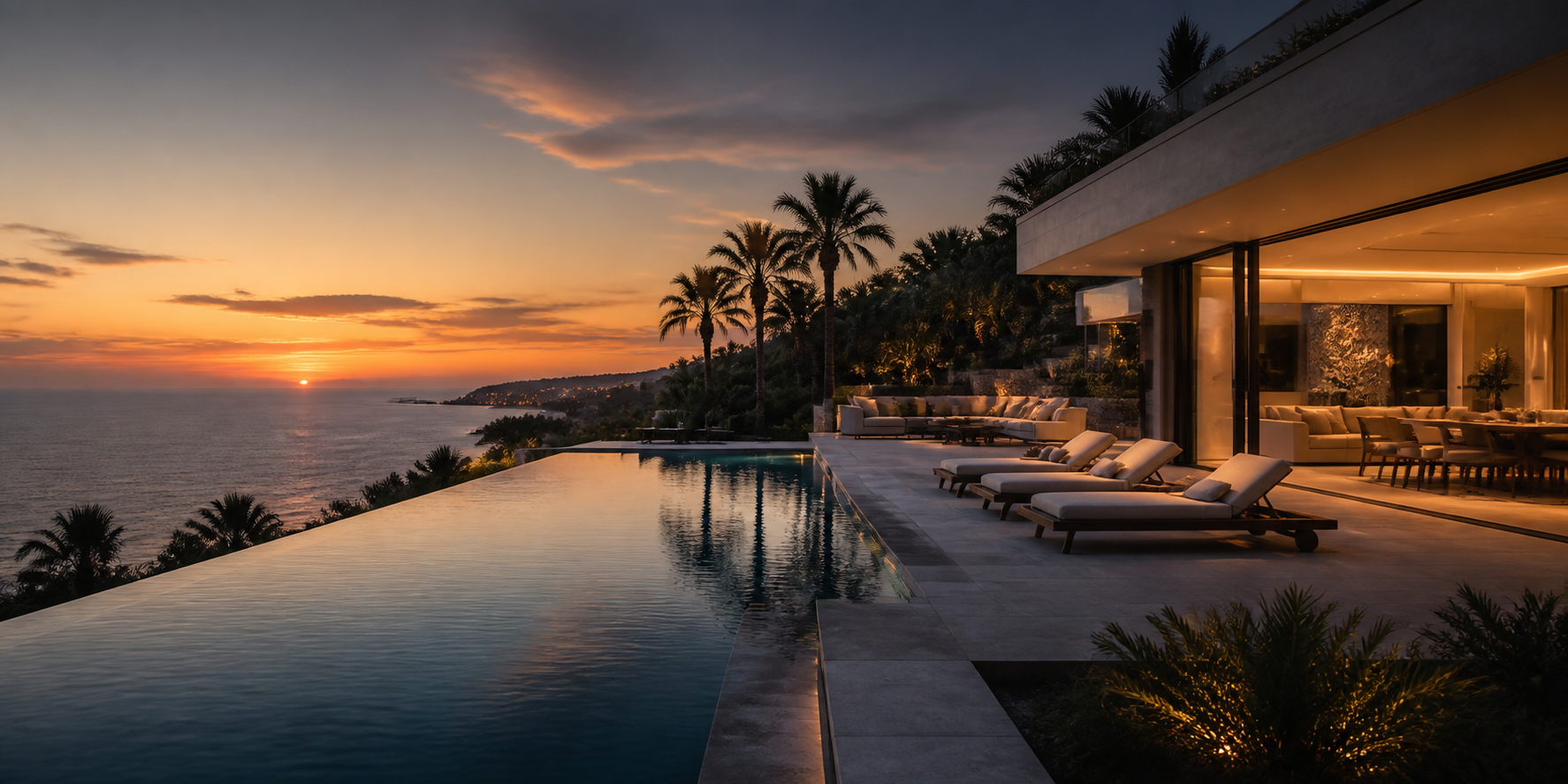 Modern luxury villa with infinity pool on the Costa del Sol at sunset