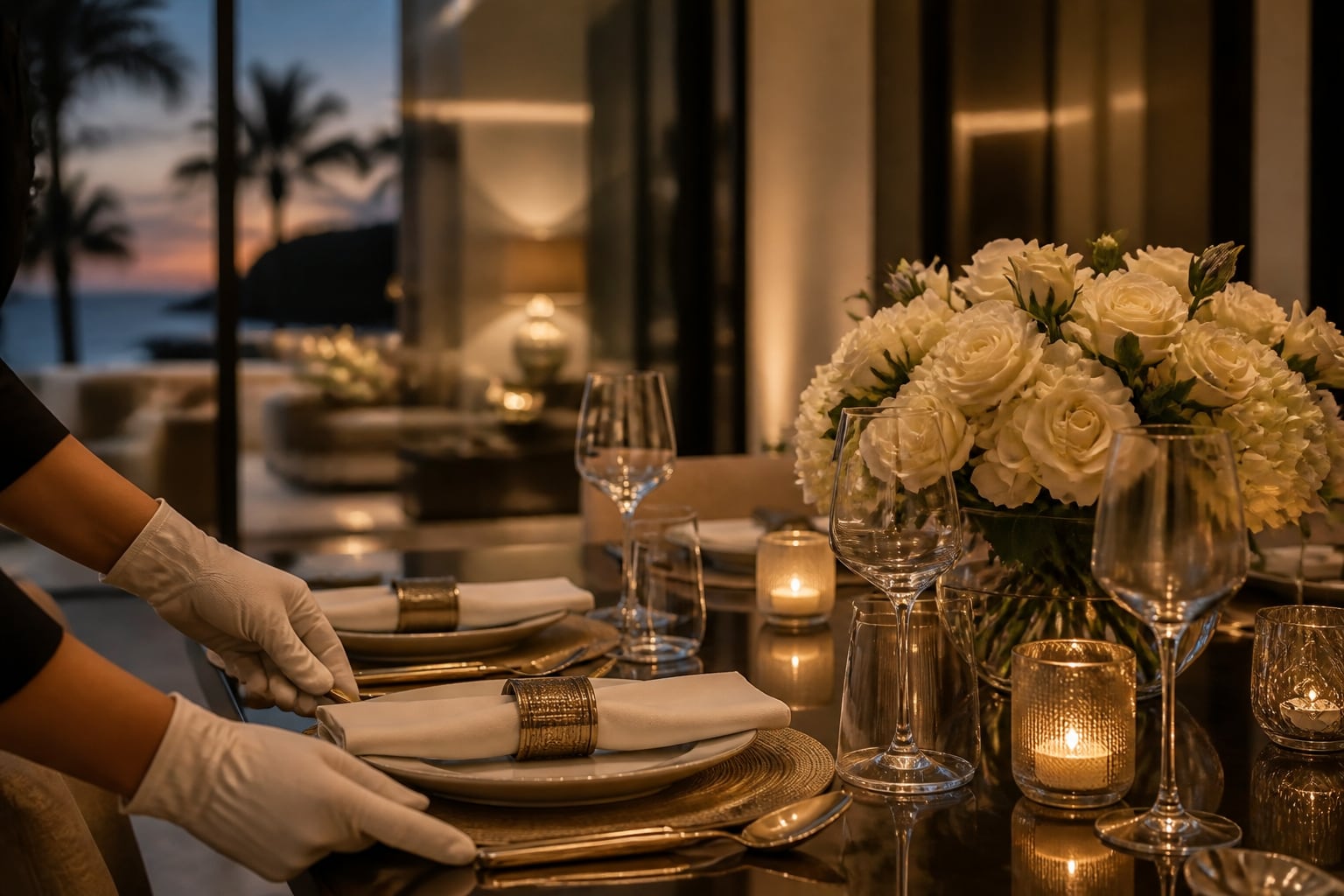 Elegant table setting prepared by luxury home staff