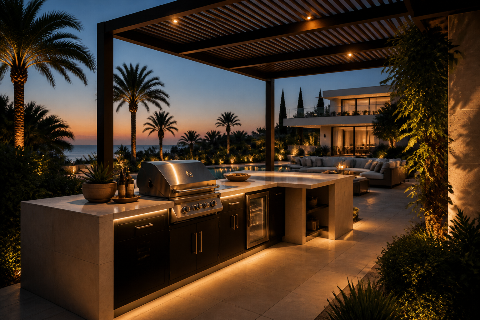 Luxury Mediterranean outdoor kitchen and pergola at dusk