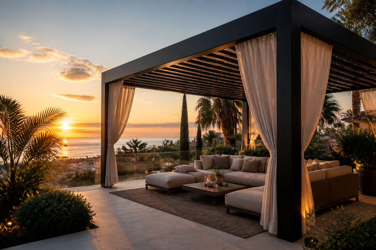Mediterranean pergola and terrace living area at sunset