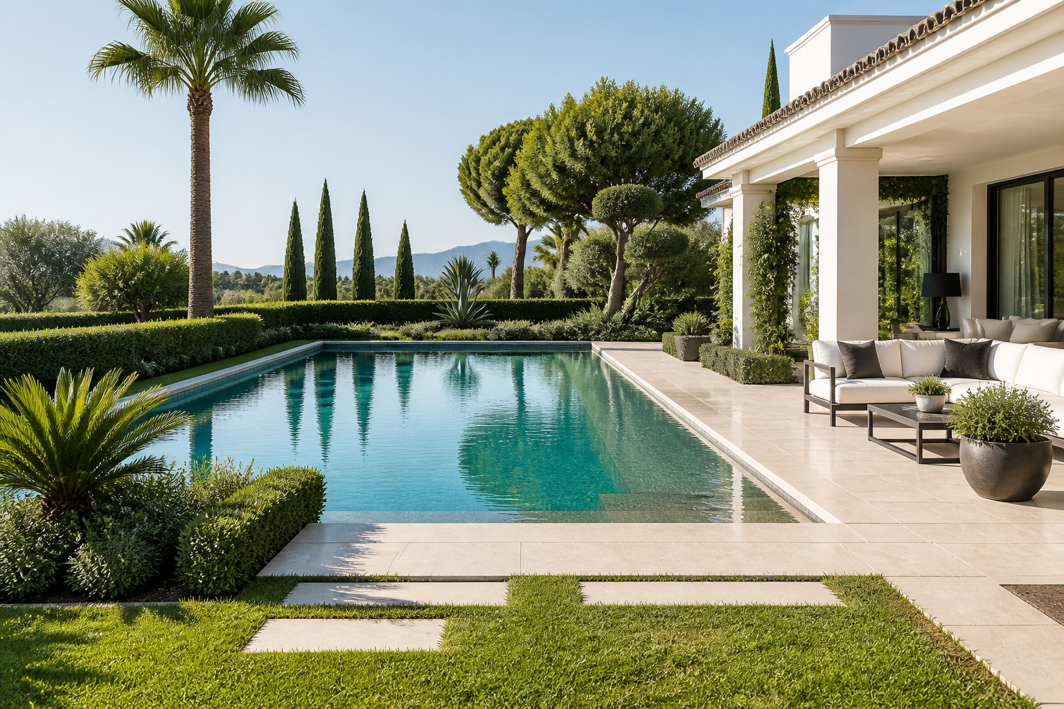 Immaculate pool, garden and terrace after luxury property maintenance