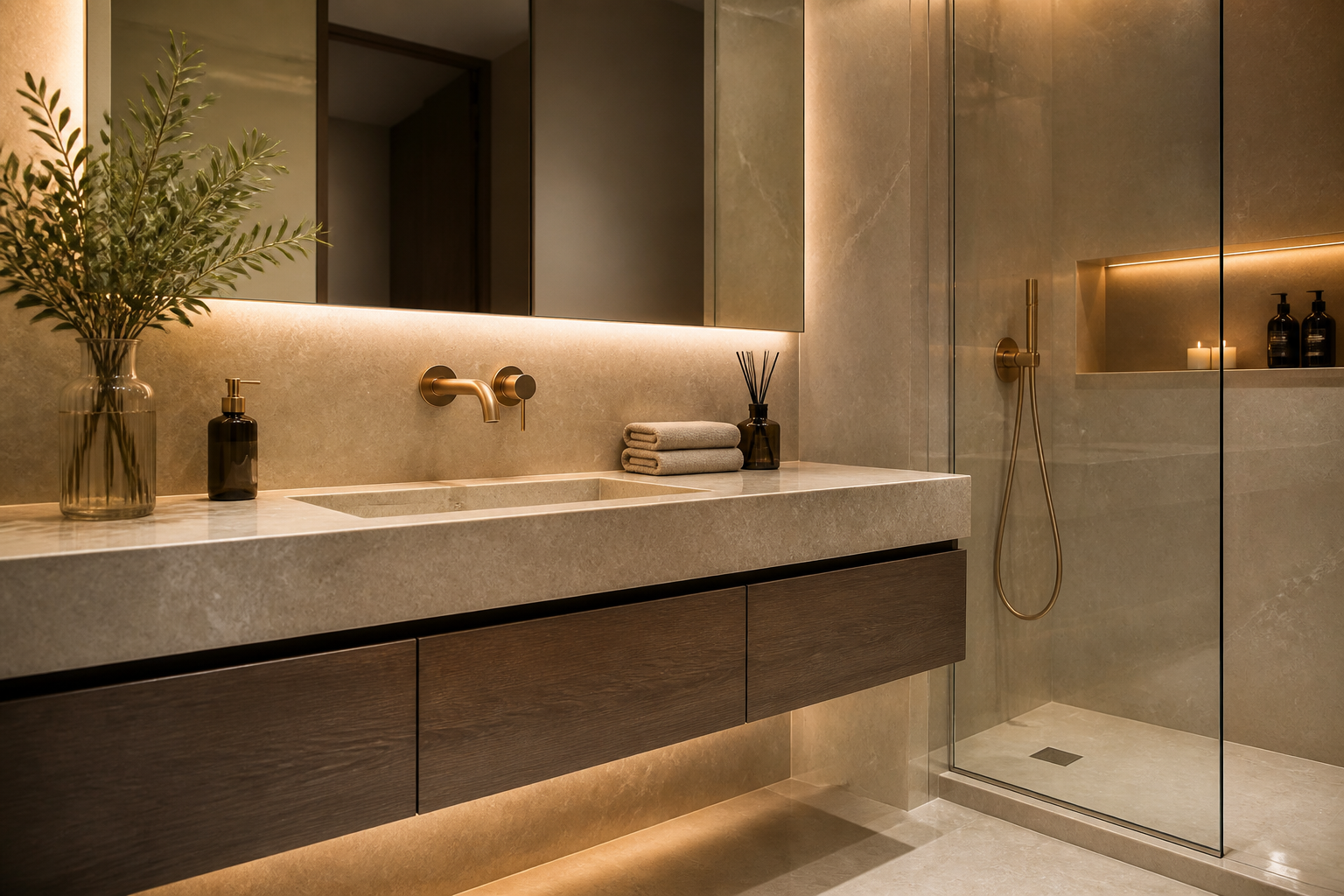 Newly renovated luxury bathroom with warm lighting and stone finishes