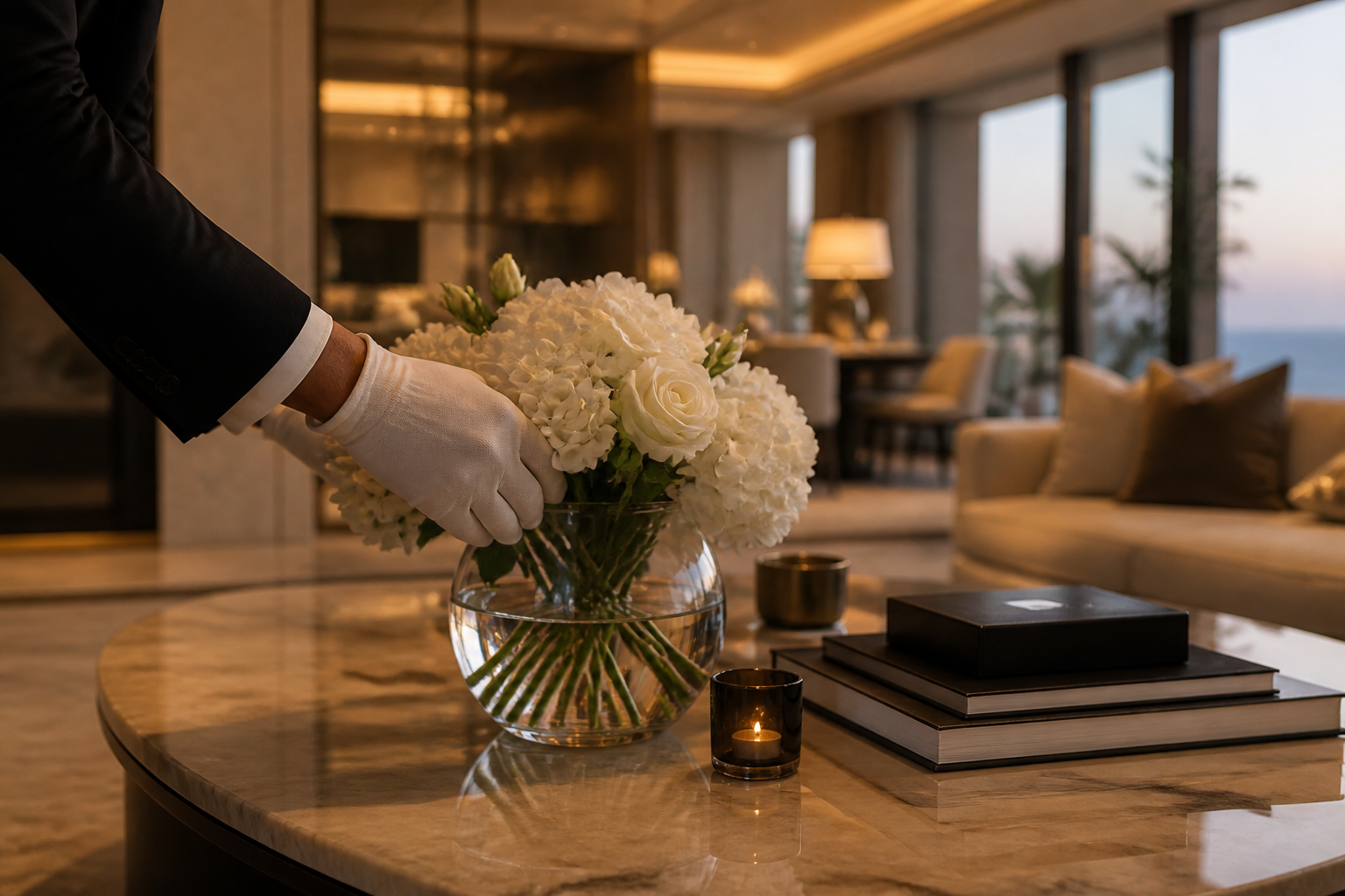 White-gloved concierge placing flowers in a luxury villa living room