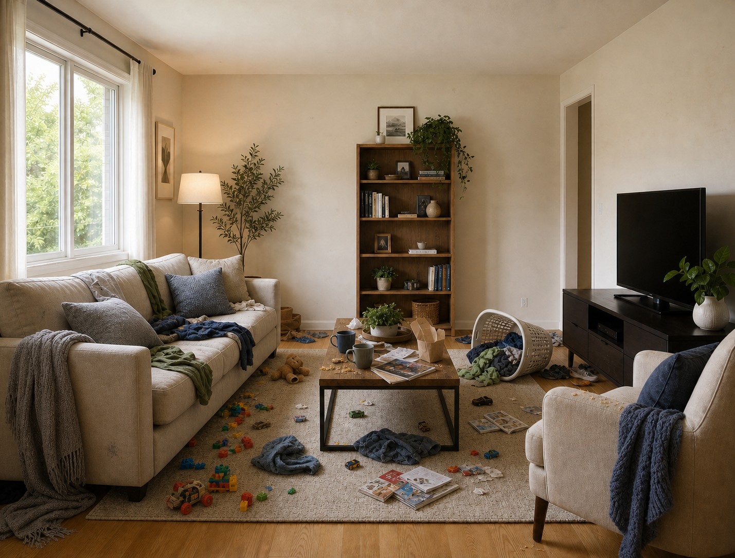 Messy living room before professional cleaning